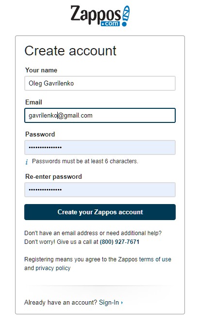 форма регистрации zappos
